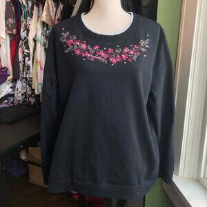 Women's Vintage floral embroidery Sweatshirt L Black Pink